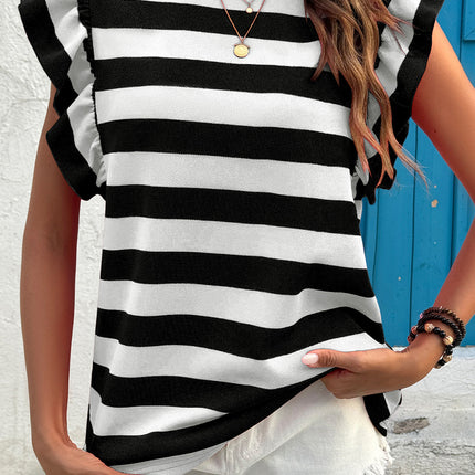 Black Stripe Flutter Sleeve Round Neck T Shirt