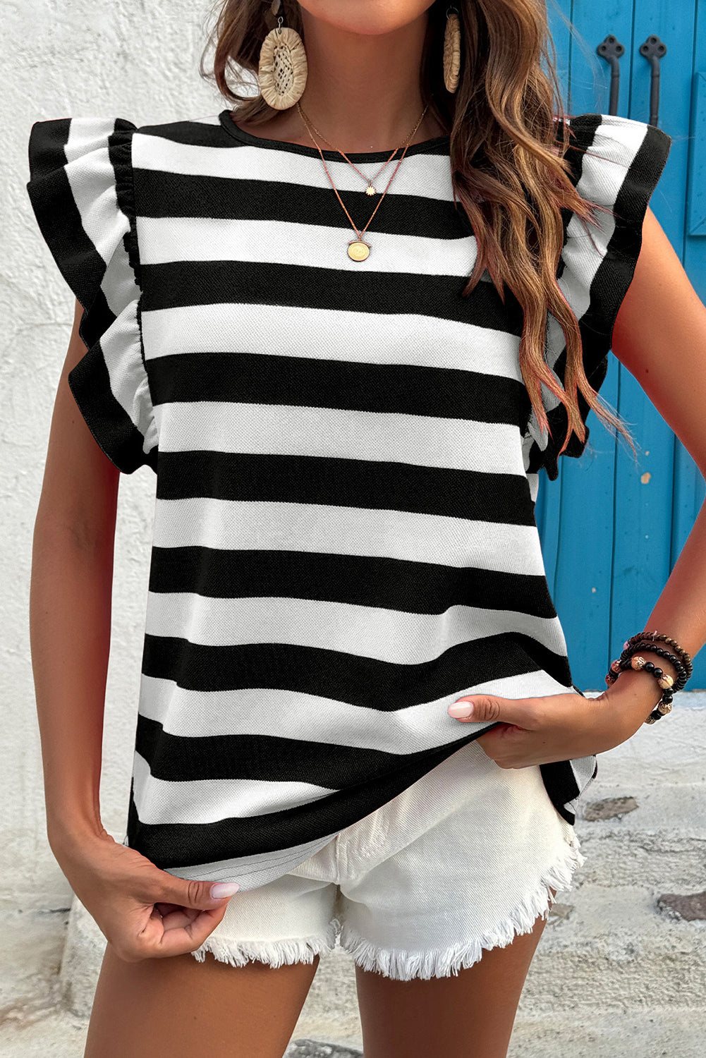 Black Stripe Flutter Sleeve Round Neck T Shirt