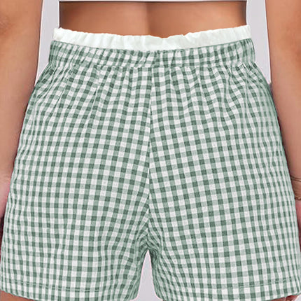 Pink Contrast Trim Plaid Print Plus Size Shorts