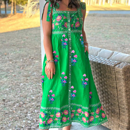 Green Floral Print Contrast Trim Knotted Straps Midi Dress