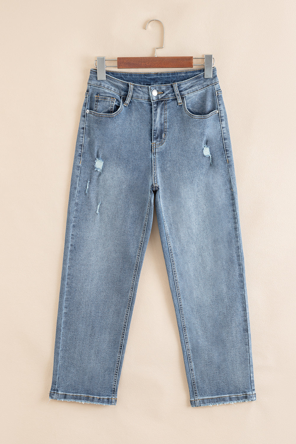 Beau Blue Slightly Distressed Ankle-length Straight Jeans