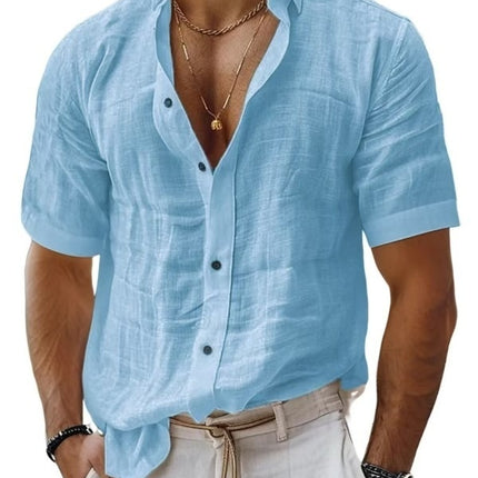 Men's Summer Men's Lapel Shirt Solid Color Short Sleeve Cotton Linen Shirt