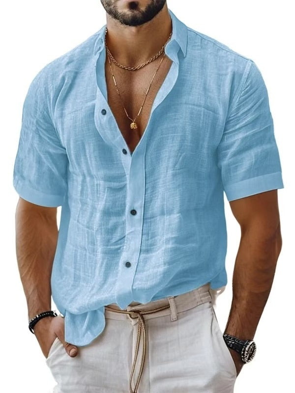 Men's Summer Men's Lapel Shirt Solid Color Short Sleeve Cotton Linen Shirt