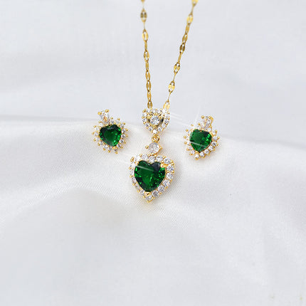 Women's Green Zircon Heart Set Necklace