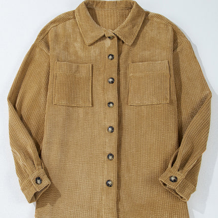 Light French Beige Patched Pocket Button Up Corduroy Shacket
