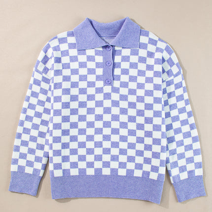 Purple Checkered Collared Buttons Plus Size Sweater