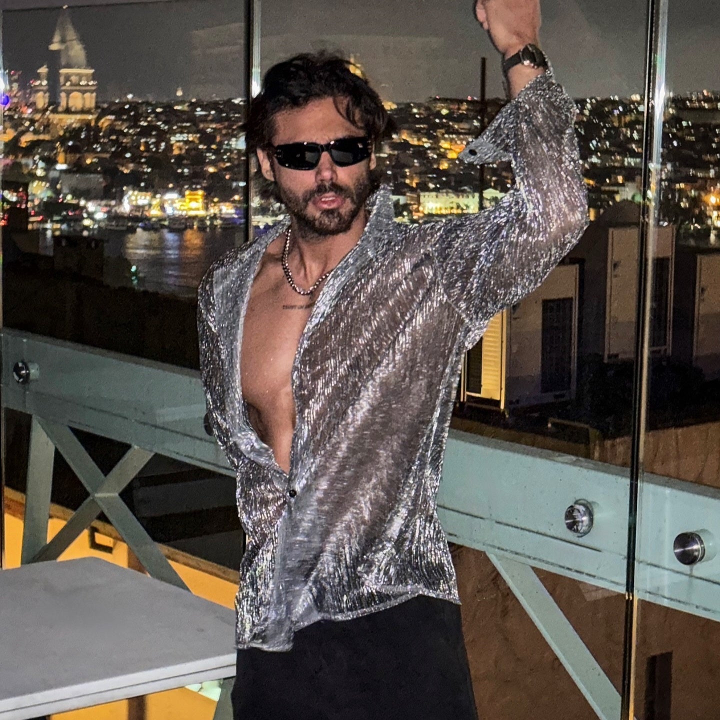 Fashion Shiny Crystal See-through Lapel Long Sleeve Shirt