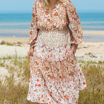Khaki Plus Size Floral Tiered Ruffle Maxi Dress