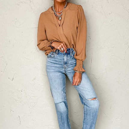 Straw Yellow Solid Color Shirred Cuff Notch V Neck Blouse