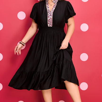 Black Leopard V Neck Patchwork Smocked Waist Plus Size Ruffled Dress