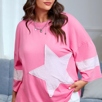 Pink Star Patched Colorblock Raw Edge Bracelet Sleeve Plus Size Loose Tee