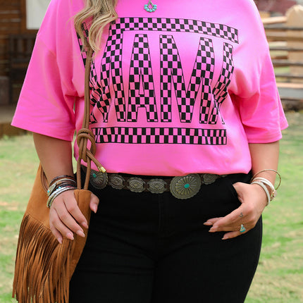 Bright Pink Checker MAMA Letter Printed Graphic Plus Size T Shirt