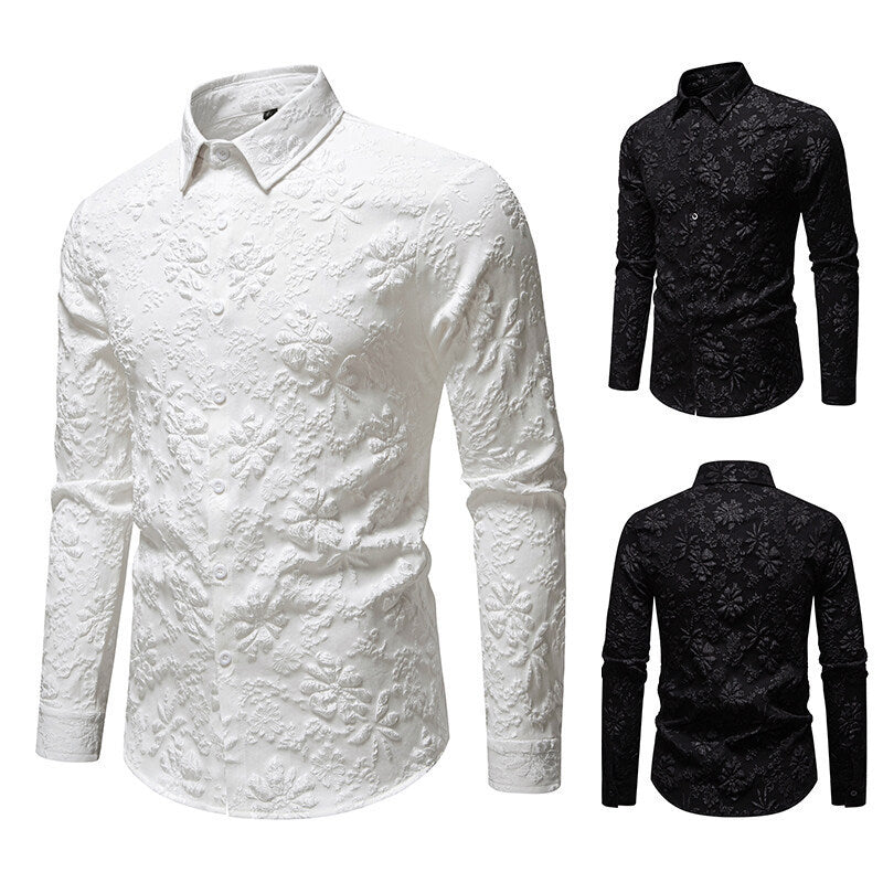 Men's Floral Long Sleeve Shirt Fashion Jacquard Loose-fitting Plus Size Tops