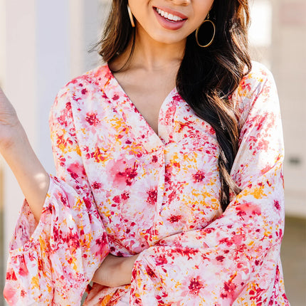 Pink Ditsy Floral Bubble Sleeve V Neck Blouse