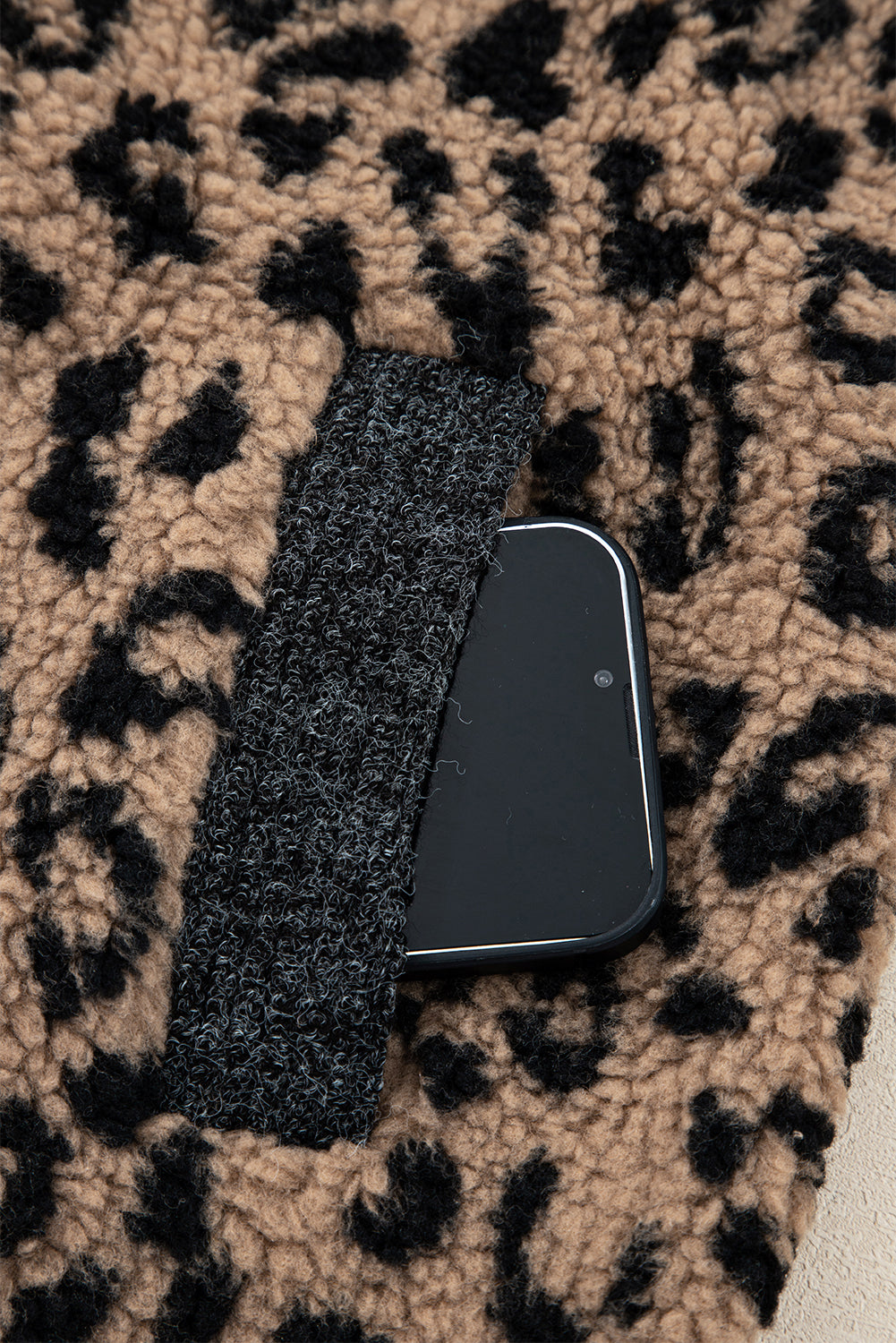 Khaki Leopard Print Zip Up Stand Neck Side Pocket Jacket