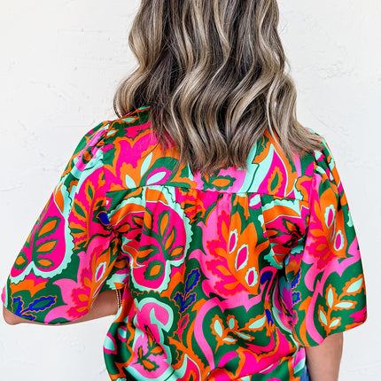 Rose Summer Plant Print Lace up V Neck Short Sleeve Blouse
