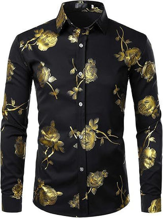 3D Golden Rose Print Slim Fit Long Sleeve Formal Wear Shirt