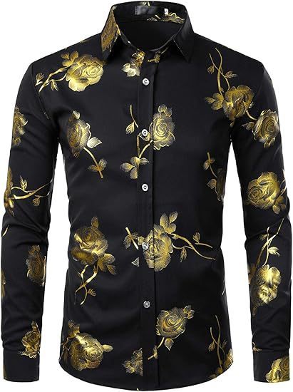 3D Golden Rose Print Slim Fit Long Sleeve Formal Wear Shirt