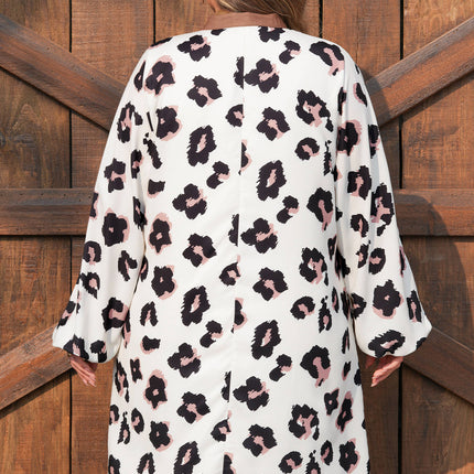 Khaki Leopard Print Contrast V Neck Plus Size Shift Mini Dress