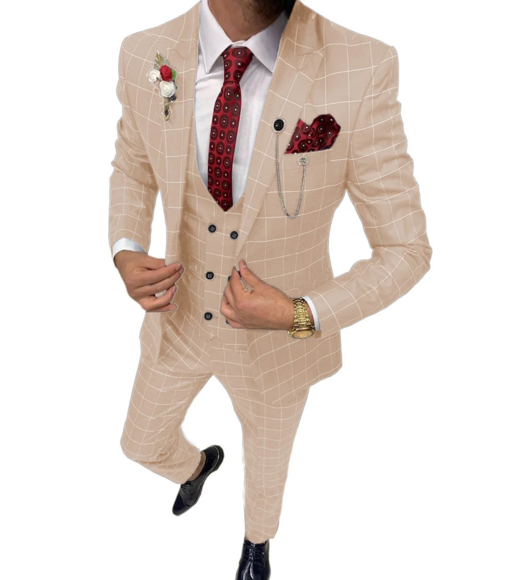 Men's Simple Versatile Lattice Suit Three-piece Suit