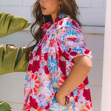Pink Floral Print Bubble Sleeve Button Up Pleated Shirt