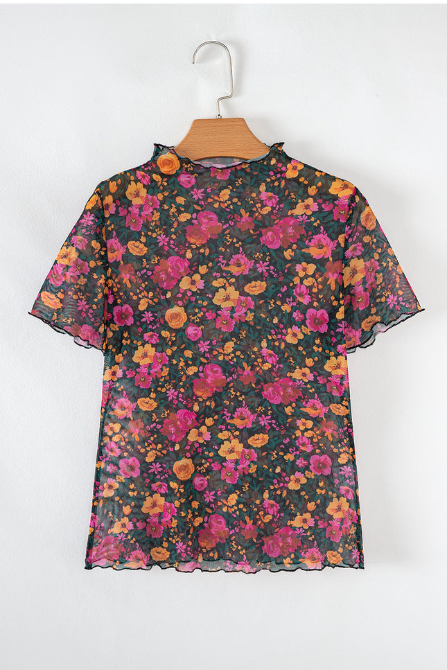 Rose Floral Print Mesh Stand Neck Short Sleeve Top
