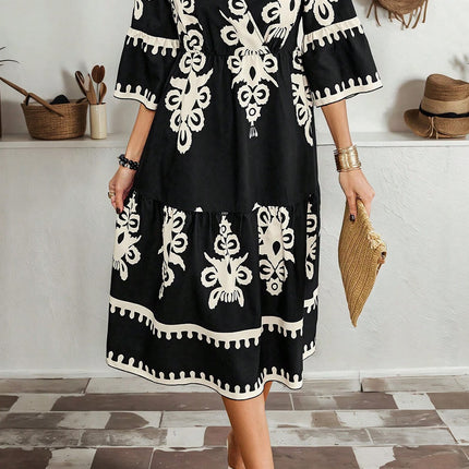 Black Western Geometric Print 3/4 Sleeve Loose Midi Dress