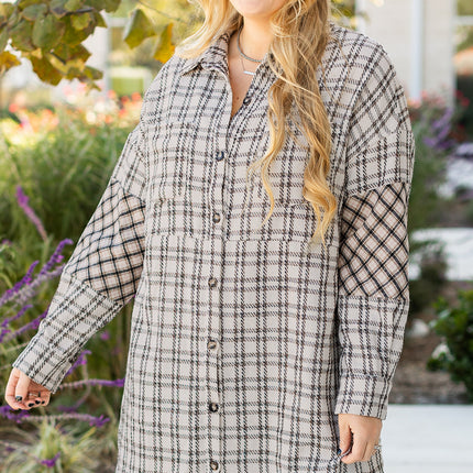 White Stripe Plus Size Plaid Buttoned Raw Hem Tunic Shirt Dress