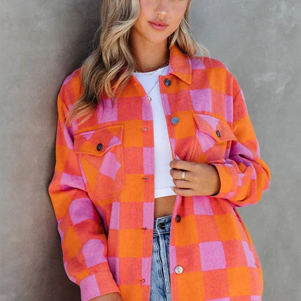 Orange Plaid Chest Pockets Button-up Turn Down Collar Jacket