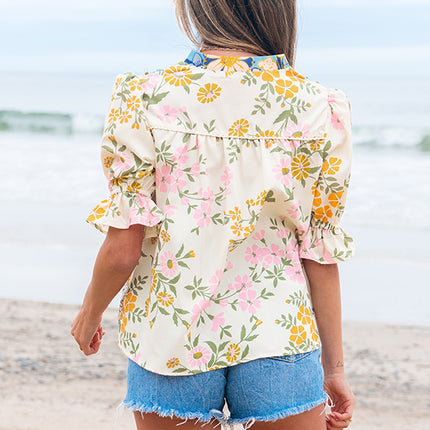 Multicolour Crochet V Neck Half Sleeve Boho Floral Blouse