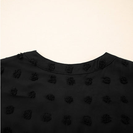 Black Dotty Textured Notched Neck Plus Ruffled Dress