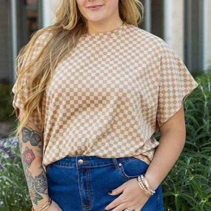 Khaki Checkerboard Short Batwing Sleeve Round Neck Plus Size T Shirt