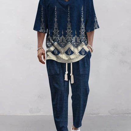 Cropped Sleeves V-neck Trousers Suit