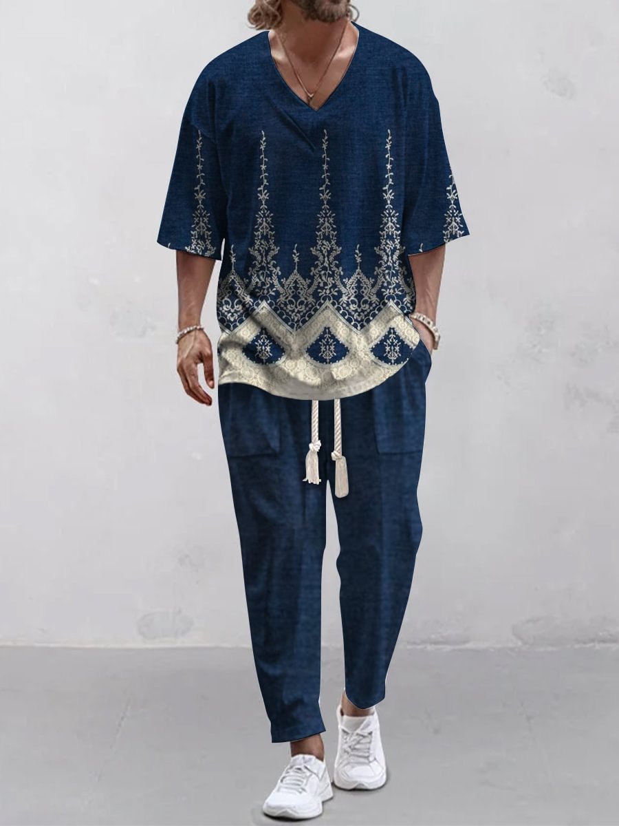 Cropped Sleeves V-neck Trousers Suit