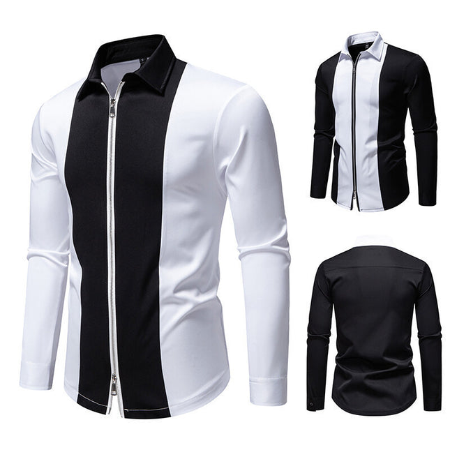 Color Block Zipper Design Plus Size Long Sleeve Shirt