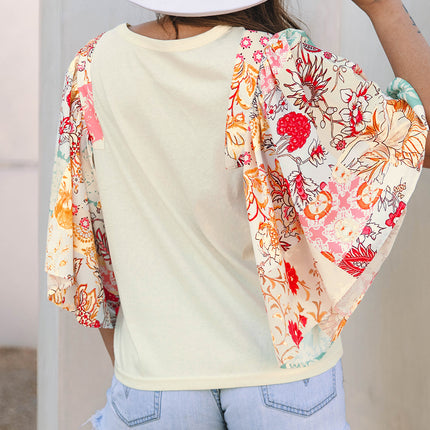 Beige Floral Patchwork Half Batwing Sleeve Blouse