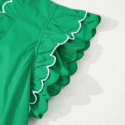 Bright Green Contrast Scallop Trim Layered Short Sleeve V Neck Blouse