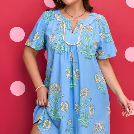 Sky Blue Plus Periwinkle Floral Printed Short Sleeve Striped Trim Split Neck Mini Dress
