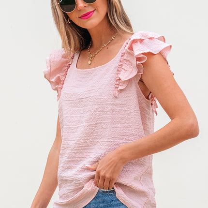 Gossamer Pink Textured Bow Knot Frilled Butterfly Sleeve Blouse