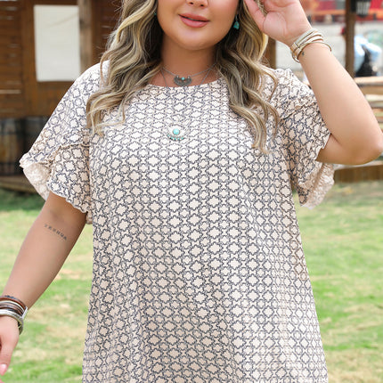 Khaki Plus Size Geometric Print Ruffled Sleeve Blouse