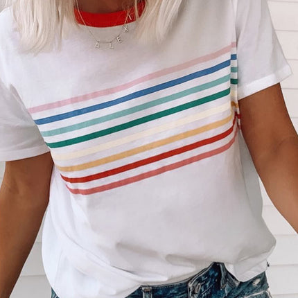 White Rainbow Stripe Print Contrast Crewneck T Shirt