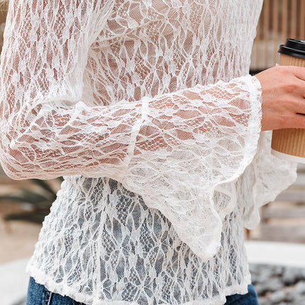 White Sheer Lace Bell Sleeve Mock Neck Blouse