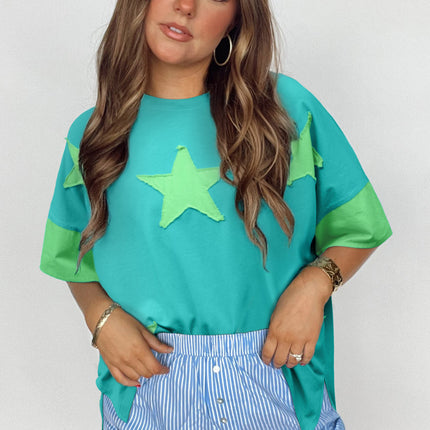 Aruba Blue Frayed Denim Star Patched Oversize T Shirt
