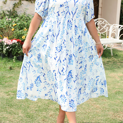 Sky Blue Floral Print Sweetheart Neck Plus Size Midi Dress