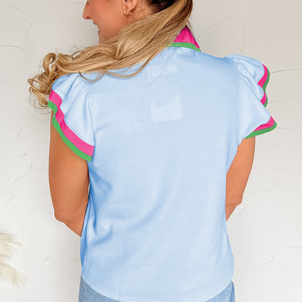 Beau Blue Color Contrast Ruffled Sleeve Collared V Neck Blouse