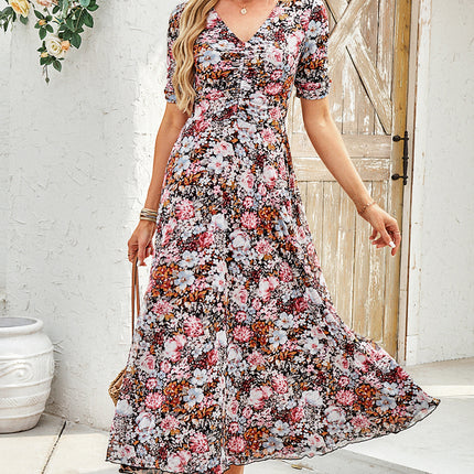 Brown Mesh Leopard Floral Reversible V Neck Short Sleeve Dress