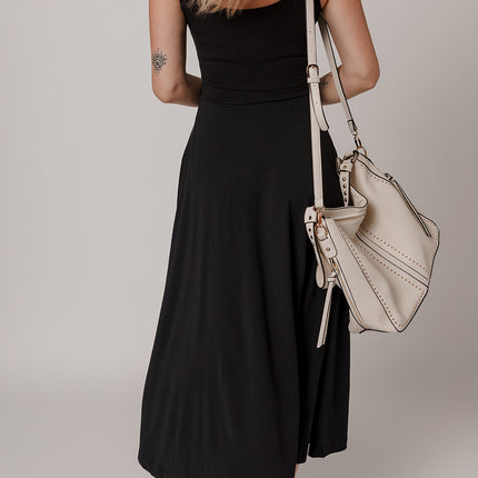 Black Sleeveless Scoop Neck Flared Split Midi Dress