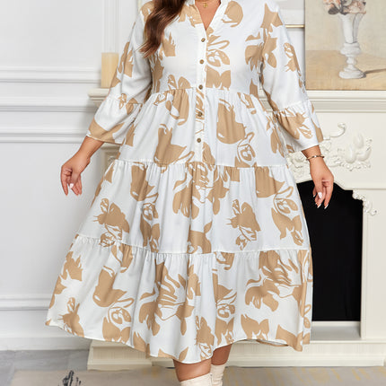 Khaki Patterned Ruffled Sleeve Half Placket Tiered A-line Plus Size Long Dress