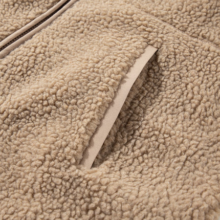 Pale Khaki Fleece Zip Up Drawstring Hooded Pocketed Jacket