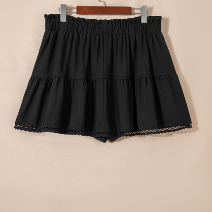 Black Plus Size Frilled Elastic Waist Lace Trim Boho Ruffled Shorts